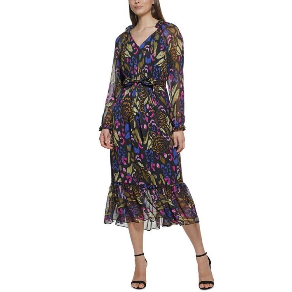 Kensie Women's Floral Print Belted Chiffon Flounce Midi Dress Size 2